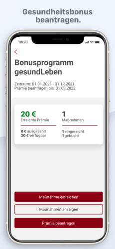 Benutzeroberfläche der App: Gesundheitsbonus beantragen mit Auswahlmöglichkeiten