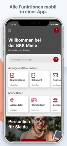 Benutzeroberfläche der App: Übersicht/ Menü Willkommen bei der BKK Miele mit Auswahlmöglichkeiten